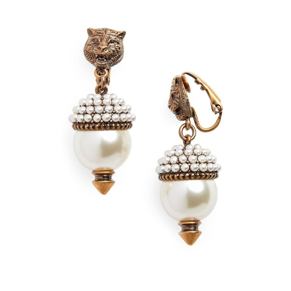 Gucci - Feline Head Pearl Drop Earrings - Picture 1 of 4